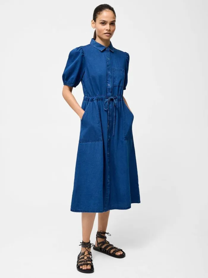 French Connection Chambray Popper Through Tie Shirt Dress Mid Wash Chambray Women Dresses