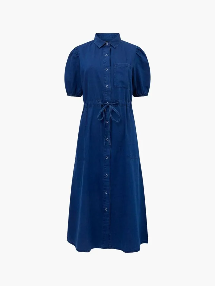 French Connection Chambray Popper Through Tie Shirt Dress Mid Wash Chambray Women Dresses