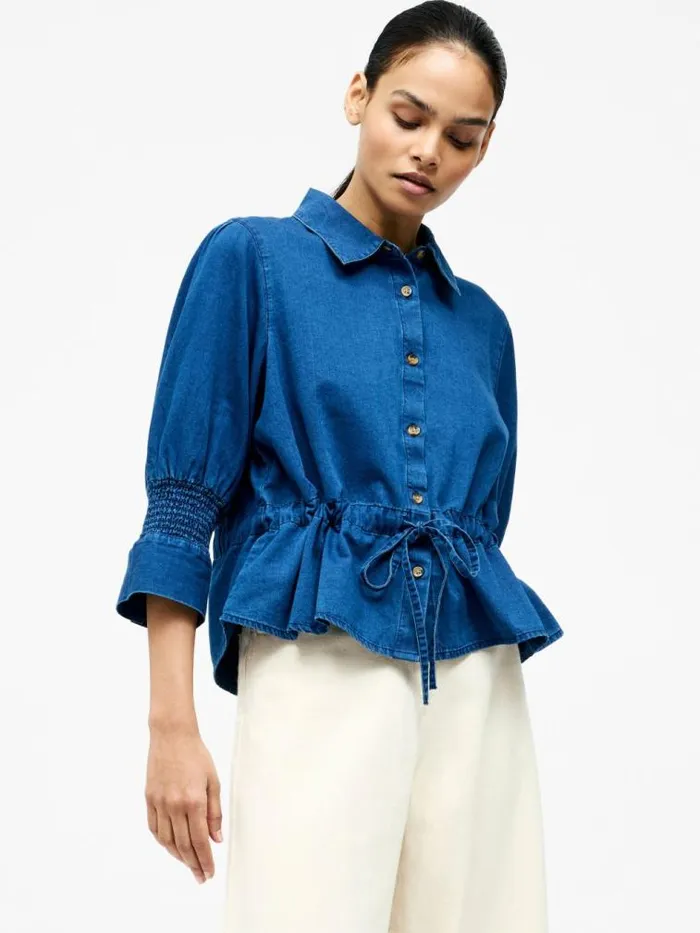 French Connection Chambray Tie Waist Top Mid Wash Chambray Women Tops