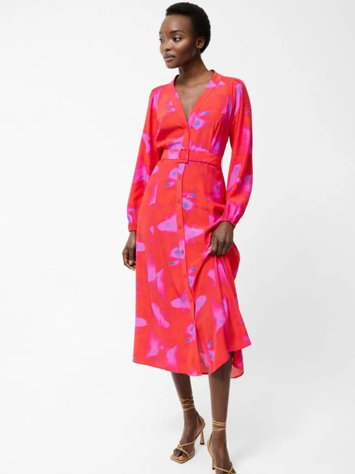 French Connection Christy Belted V Neck Midi Dress Raspberry Sorbet Women Dresses French Connection Christy Belted V Neck Midi Dress Raspberry Sorbet Women Dresses