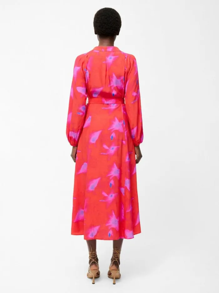 French Connection Christy Belted V Neck Midi Dress Raspberry Sorbet Women Dresses
