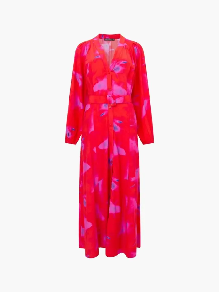 French Connection Christy Belted V Neck Midi Dress Raspberry Sorbet Women Dresses