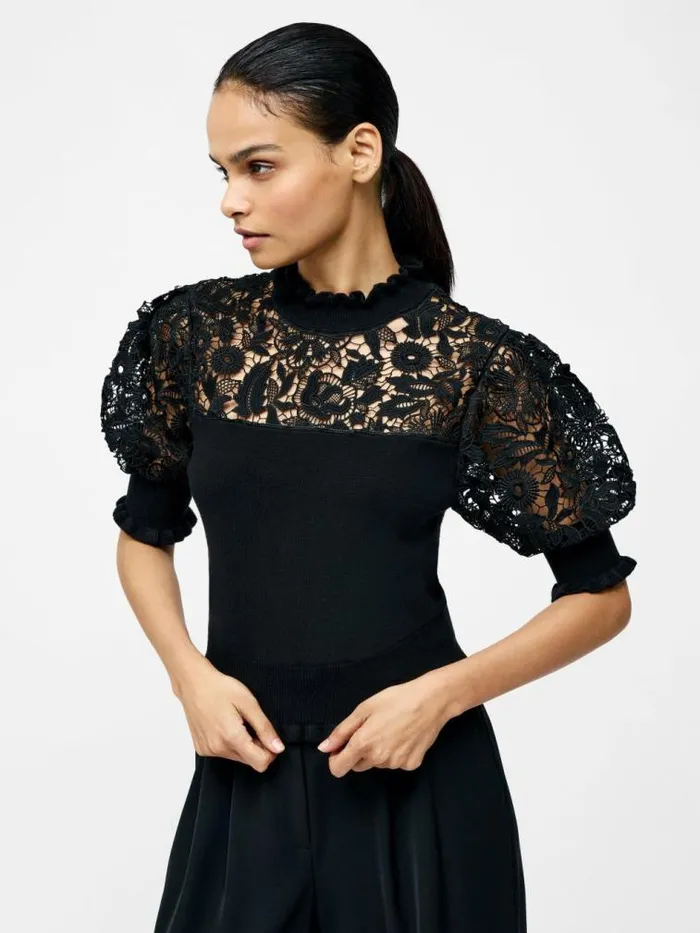 French Connection Crochet Lace Mix Knit Top Black Women Jumpers and Cardigans