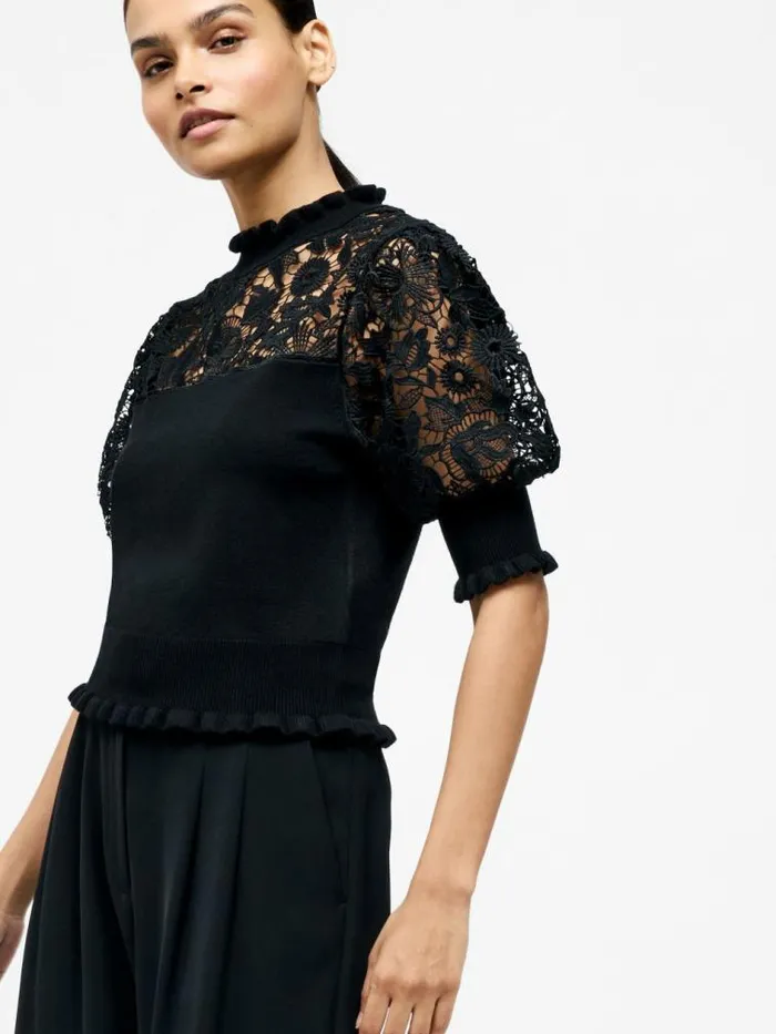 French Connection Crochet Lace Mix Knit Top Black Women Jumpers and Cardigans