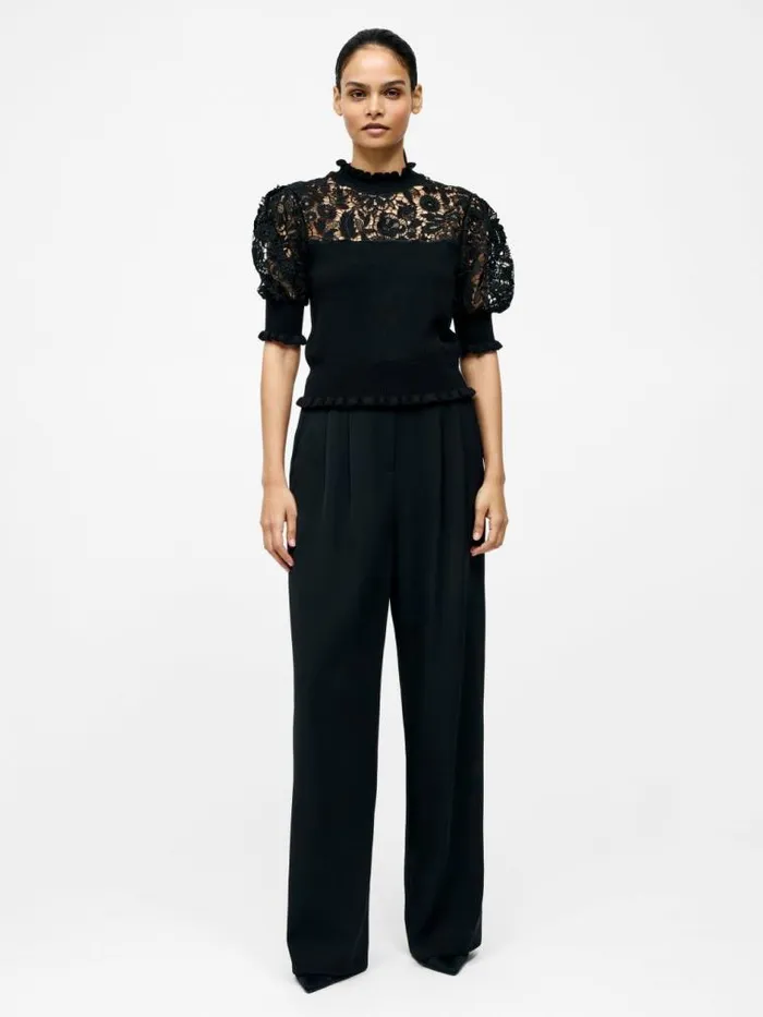 French Connection Crochet Lace Mix Knit Top Black Women Jumpers and Cardigans