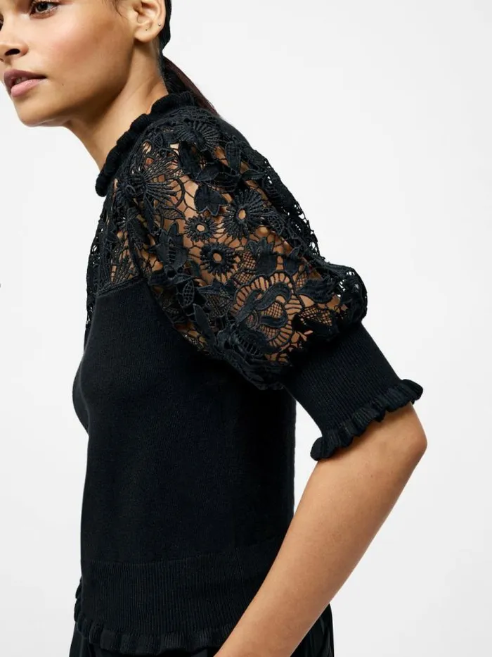 French Connection Crochet Lace Mix Knit Top Black Women Jumpers and Cardigans