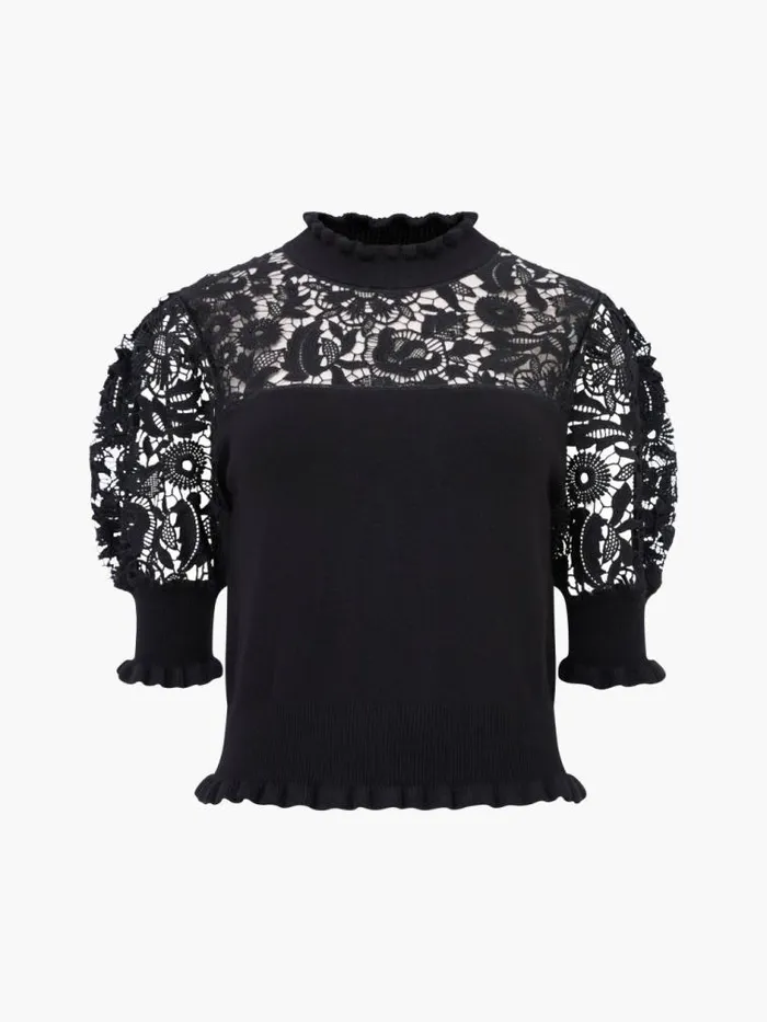 French Connection Crochet Lace Mix Knit Top Black Women Jumpers and Cardigans