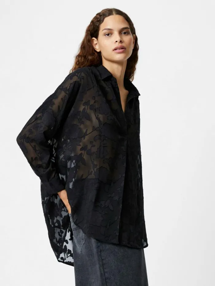 French Connection Devore Satin Popover Shirt Black Women Tops