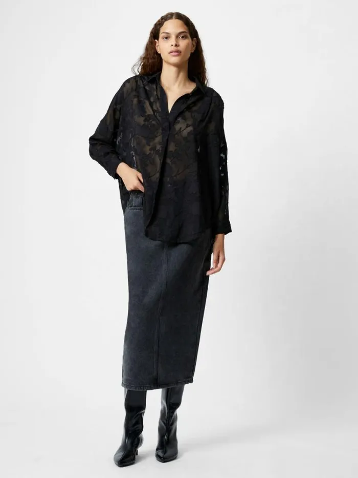 French Connection Devore Satin Popover Shirt Black Women Tops
