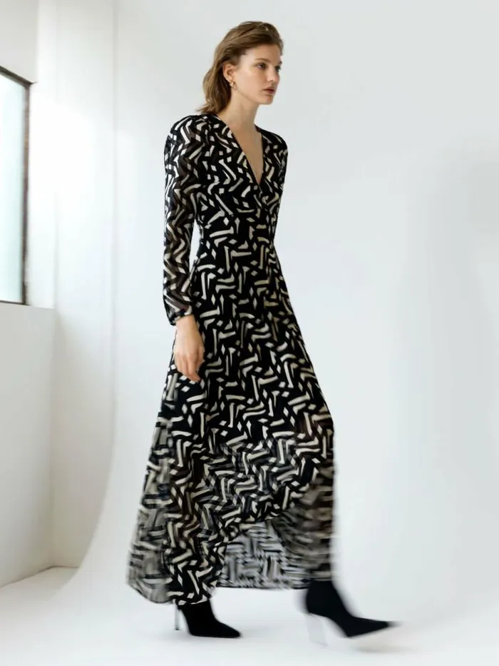 French Connection Diandra Satin Devore Maxi Dress Blackcream Women Dresses