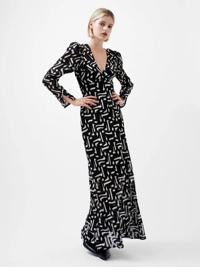 French Connection Diandra Satin Devore Maxi Dress Blackcream Women Dresses