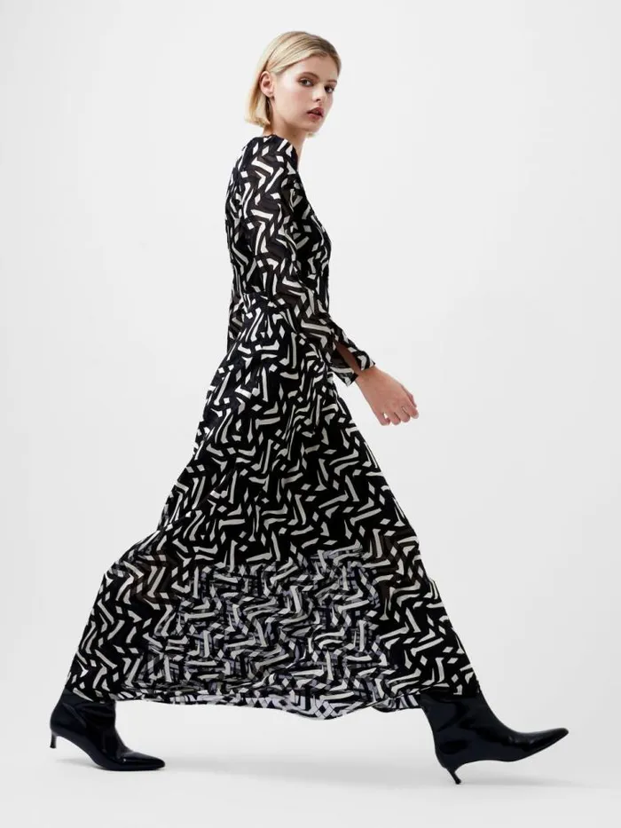 French Connection Diandra Satin Devore Maxi Dress Blackcream Women Dresses
