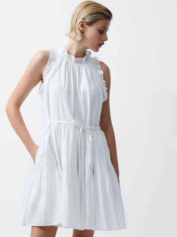 French Connection Emily Tiered Flared Mini Dress Summer White Women Dresses