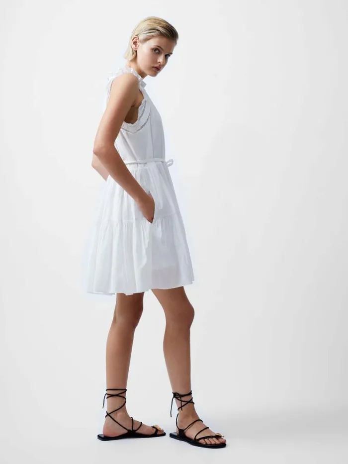 French Connection Emily Tiered Flared Mini Dress Summer White Women Dresses