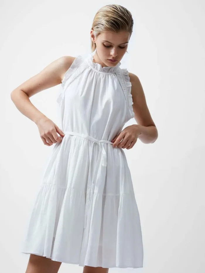 French Connection Emily Tiered Flared Mini Dress Summer White Women Dresses
