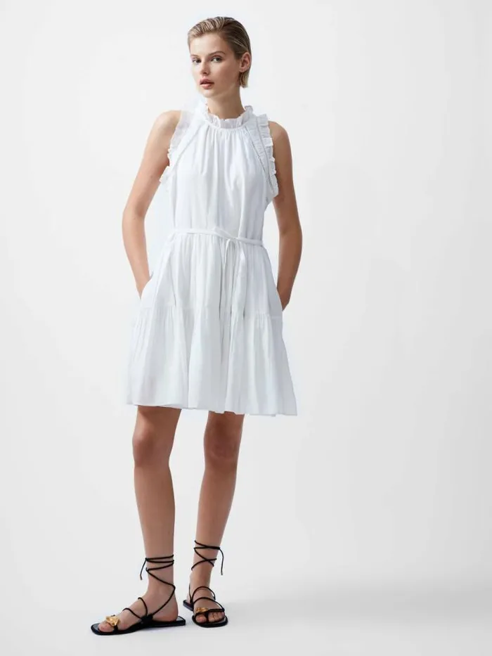 French Connection Emily Tiered Flared Mini Dress Summer White Women Dresses