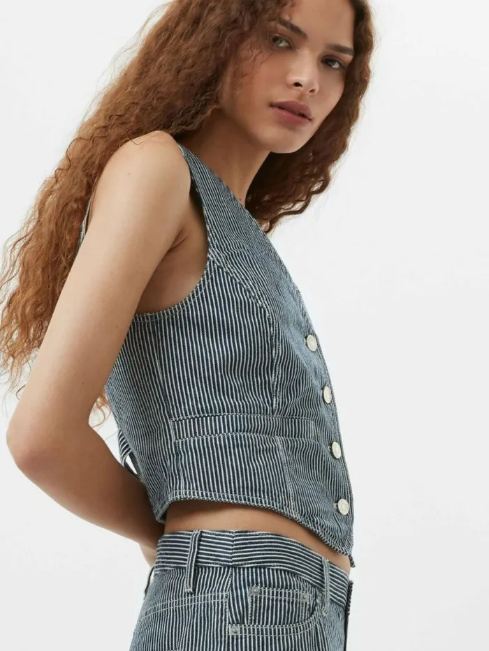 French Connection Everett Stripe Denim Waistcoat Indigowhite Denim Women Tops