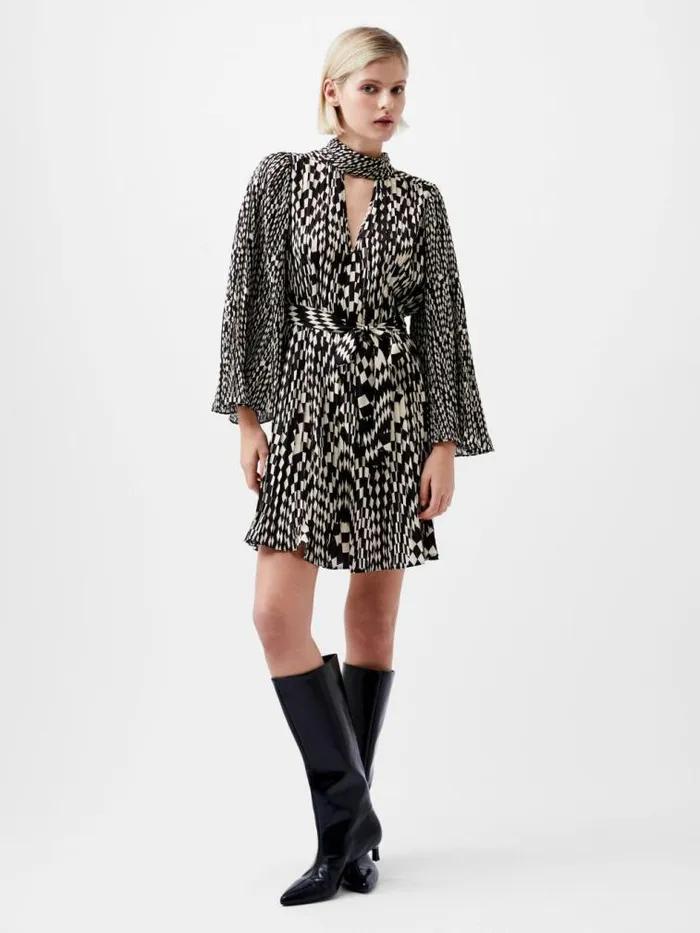 French Connection Fern Arie Pleated Ella Crepe Mini Dress Classic Creamblackout Women Dresses