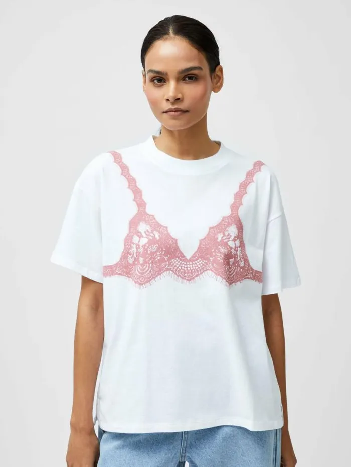 French Connection Lace Bra Graphic TShirt Linen Whitepink Women Tops