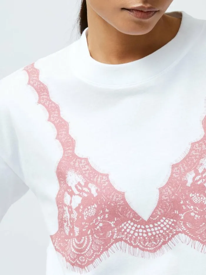 French Connection Lace Bra Graphic TShirt Linen Whitepink Women Tops