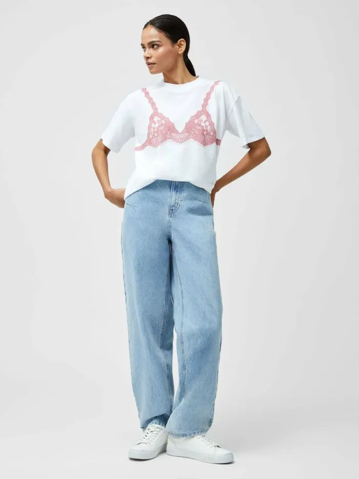 French Connection Lace Bra Graphic TShirt Linen Whitepink Women Tops
