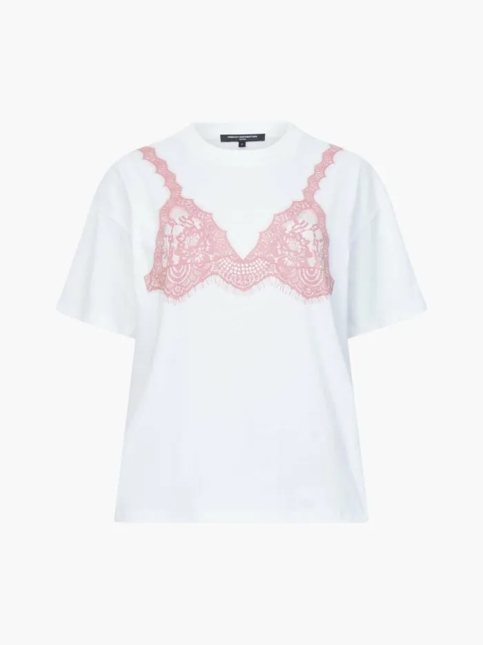 French Connection Lace Bra Graphic TShirt Linen Whitepink Women Tops
