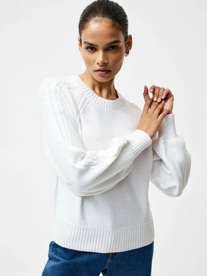 French Connection Lily Cable Knit Balloon Sleeve Jumper Linen White Women Jumpers and Cardigans French Connection Lily Cable Knit Balloon Sleeve Jumper Linen White Women Jumpers and Cardigans