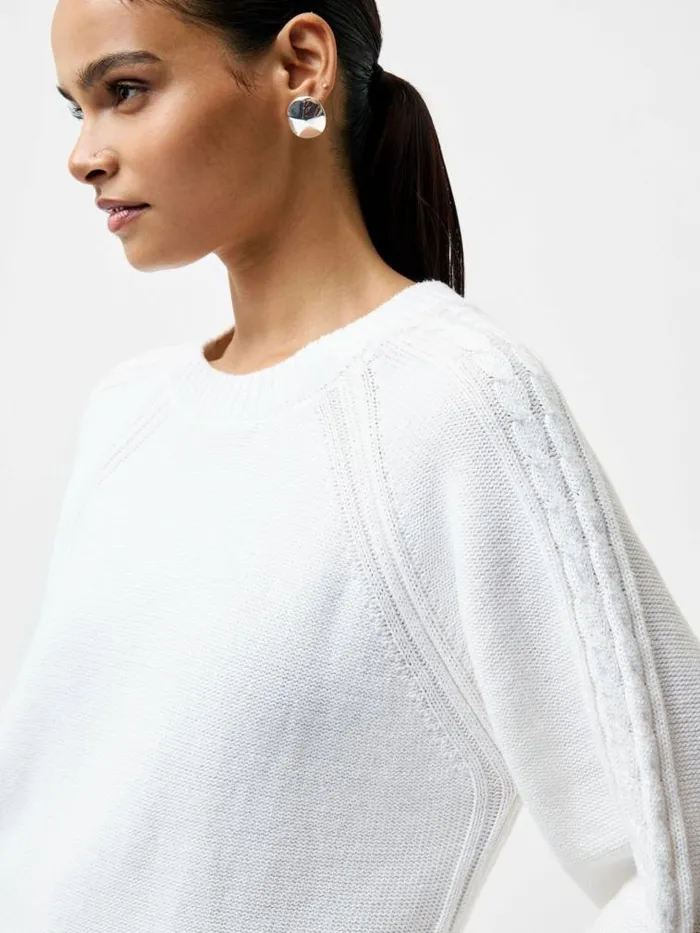 French Connection Lily Cable Knit Balloon Sleeve Jumper Linen White Women Jumpers and Cardigans