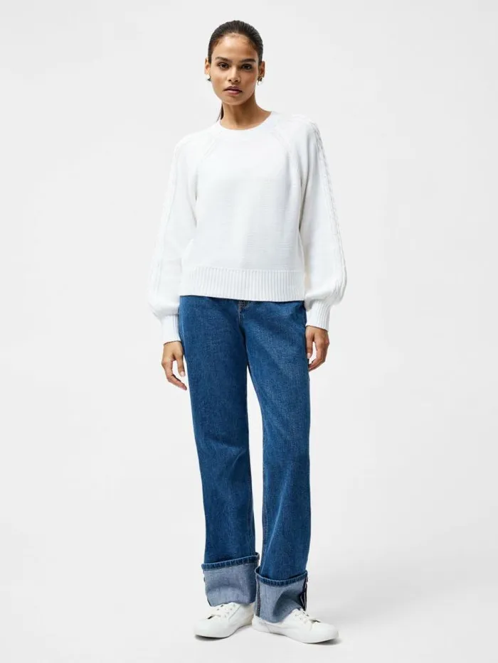 French Connection Lily Cable Knit Balloon Sleeve Jumper Linen White Women Jumpers and Cardigans