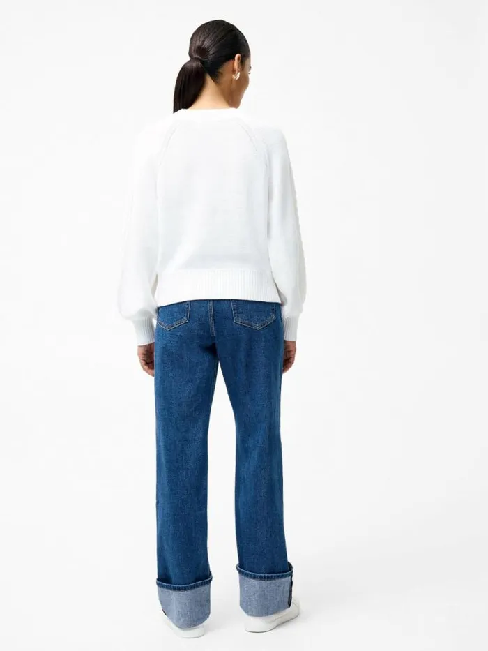 French Connection Lily Cable Knit Balloon Sleeve Jumper Linen White Women Jumpers and Cardigans