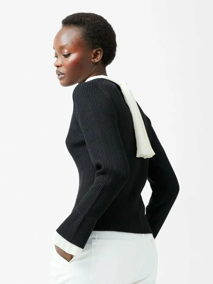 French Connection Melody Pleated Bow Long Sleeve Top Blackporcelain Crea Women Jumpers and Cardigans French Connection Melody Pleated Bow Long Sleeve Top Blackporcelain Crea Women Jumpers and Cardigans