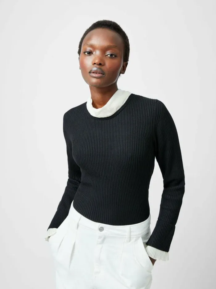 French Connection Melody Pleated Bow Long Sleeve Top Blackporcelain Crea Women Jumpers and Cardigans