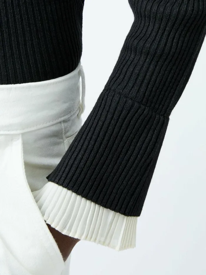French Connection Melody Pleated Bow Long Sleeve Top Blackporcelain Crea Women Jumpers and Cardigans