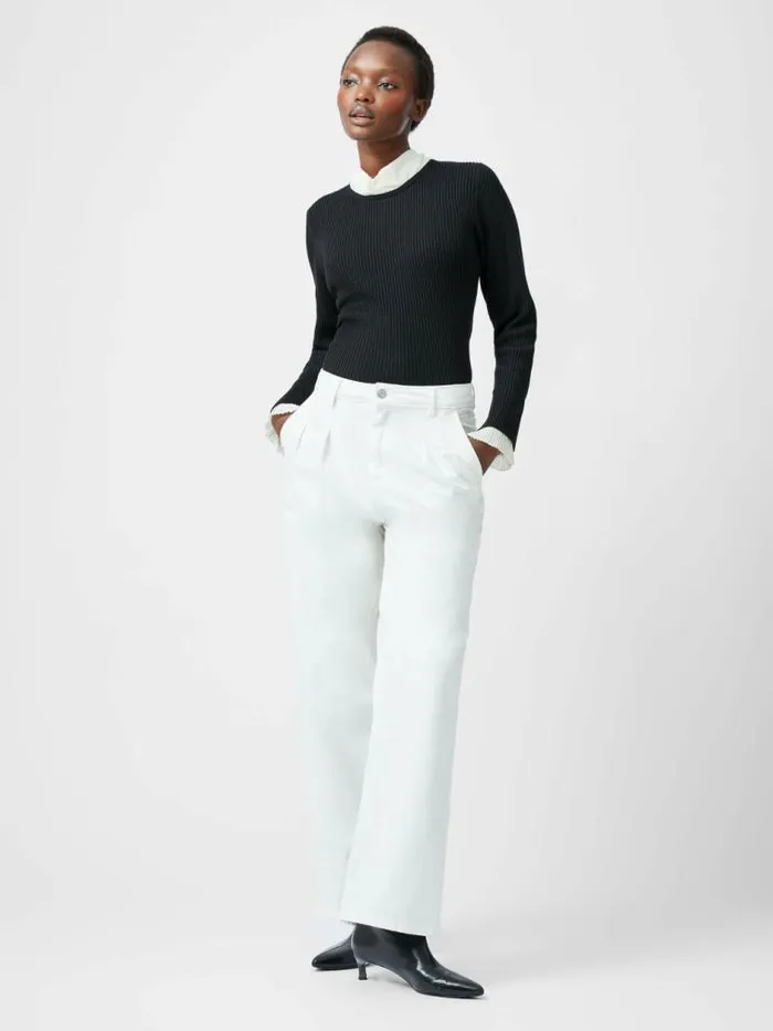 French Connection Melody Pleated Bow Long Sleeve Top Blackporcelain Crea Women Jumpers and Cardigans