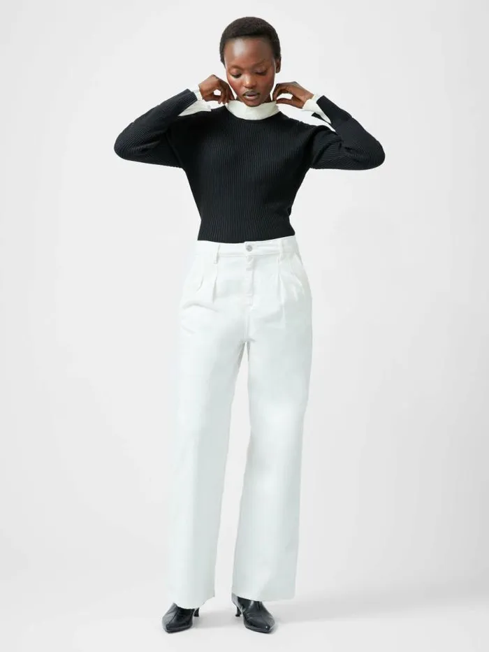 French Connection Melody Pleated Bow Long Sleeve Top Blackporcelain Crea Women Jumpers and Cardigans