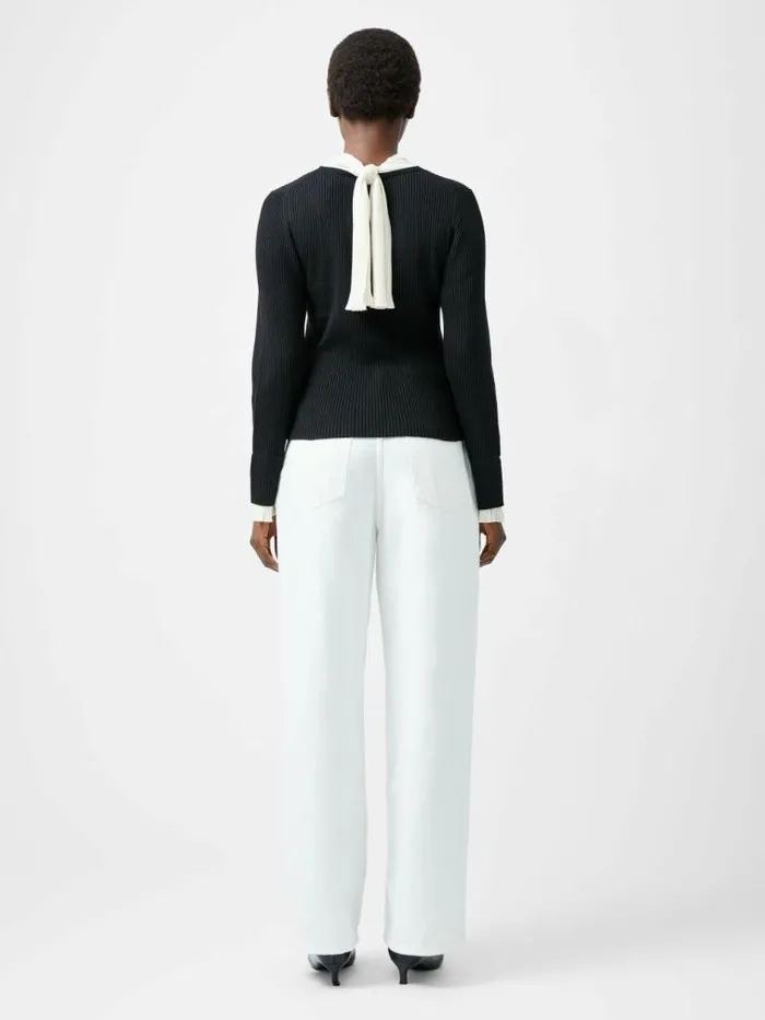 French Connection Melody Pleated Bow Long Sleeve Top Blackporcelain Crea Women Jumpers and Cardigans
