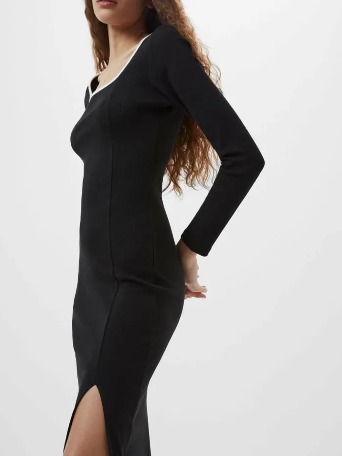 French Connection Rassia Rib Square Neck Midi Dress Blackporcelain Crea Women Dresses