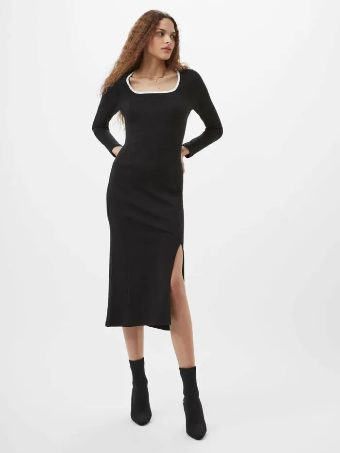 French Connection Rassia Rib Square Neck Midi Dress Blackporcelain Crea Women Dresses