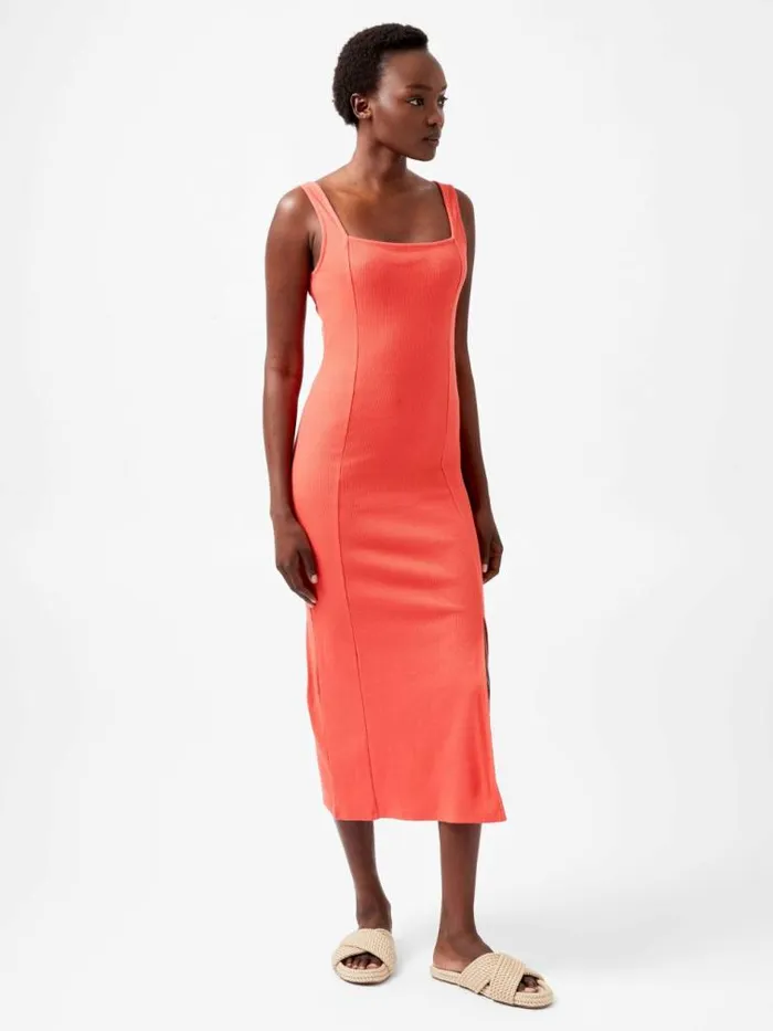 French Connection Rassia Rib Square Neck Midi Dress Cayenne Women Dresses