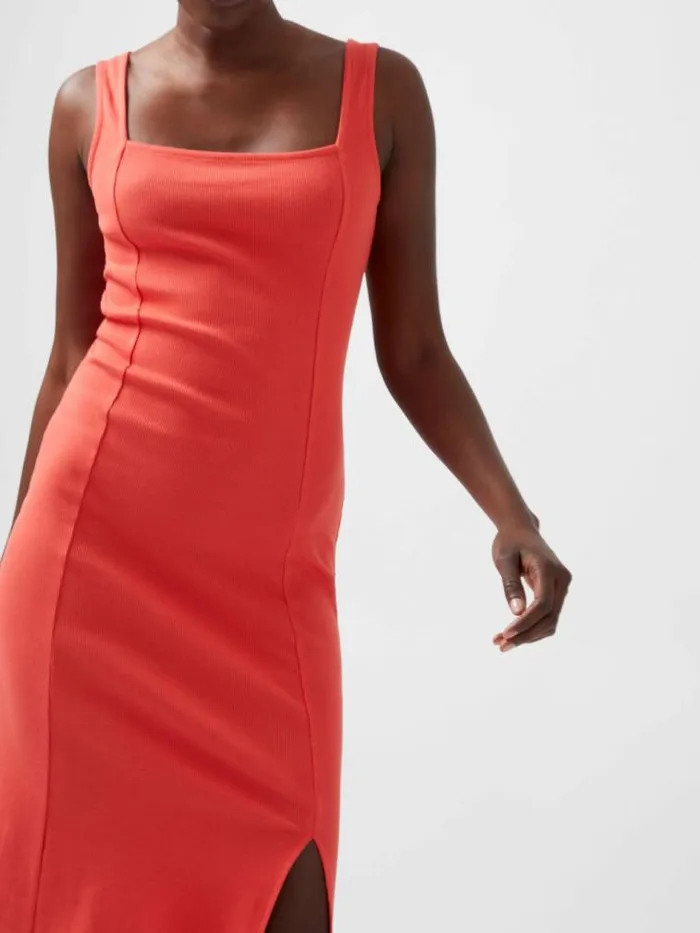 French Connection Rassia Rib Square Neck Midi Dress Cayenne Women Dresses