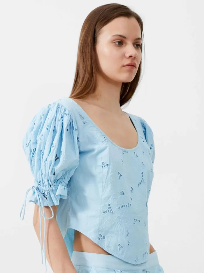 French Connection Rhodes Cotton Embroidered Top Cashmere Blue Women Tops