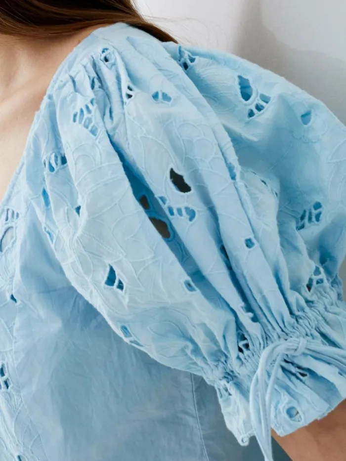 French Connection Rhodes Cotton Embroidered Top Cashmere Blue Women Tops