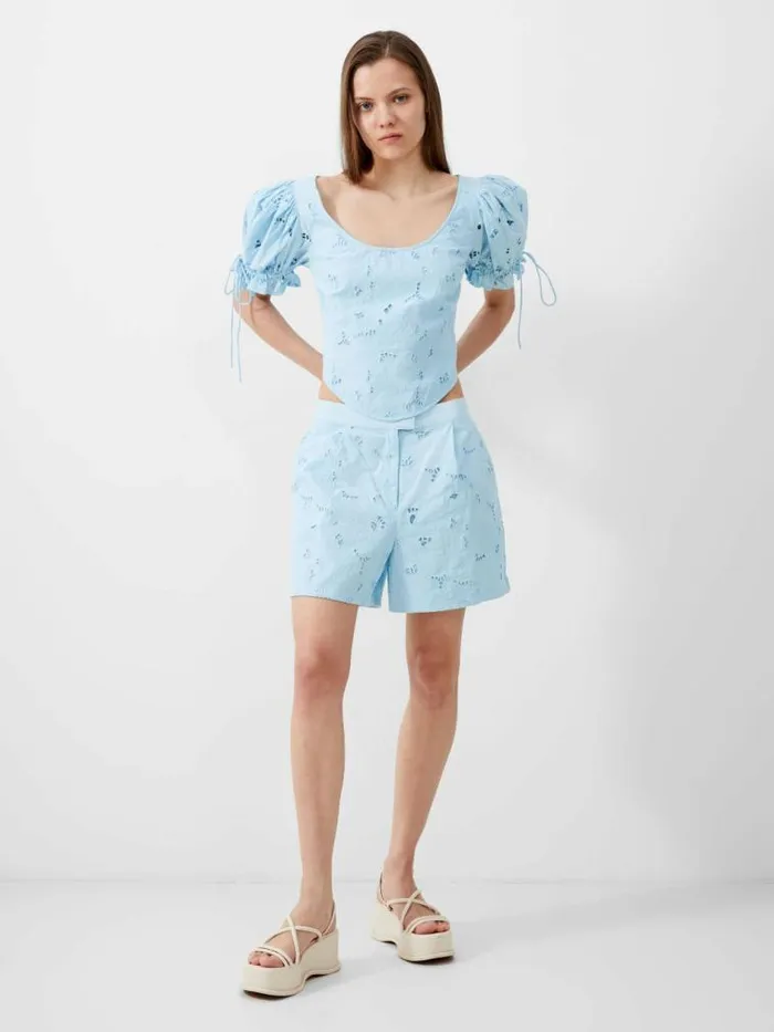 French Connection Rhodes Cotton Embroidered Top Cashmere Blue Women Tops