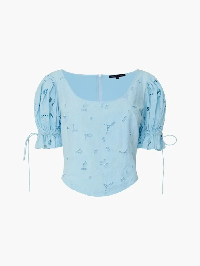 French Connection Rhodes Cotton Embroidered Top Cashmere Blue Women Tops