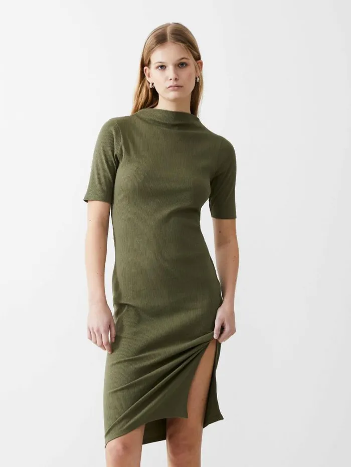 French Connection Rib Turtle Neck Dress Khaki Women Dresses