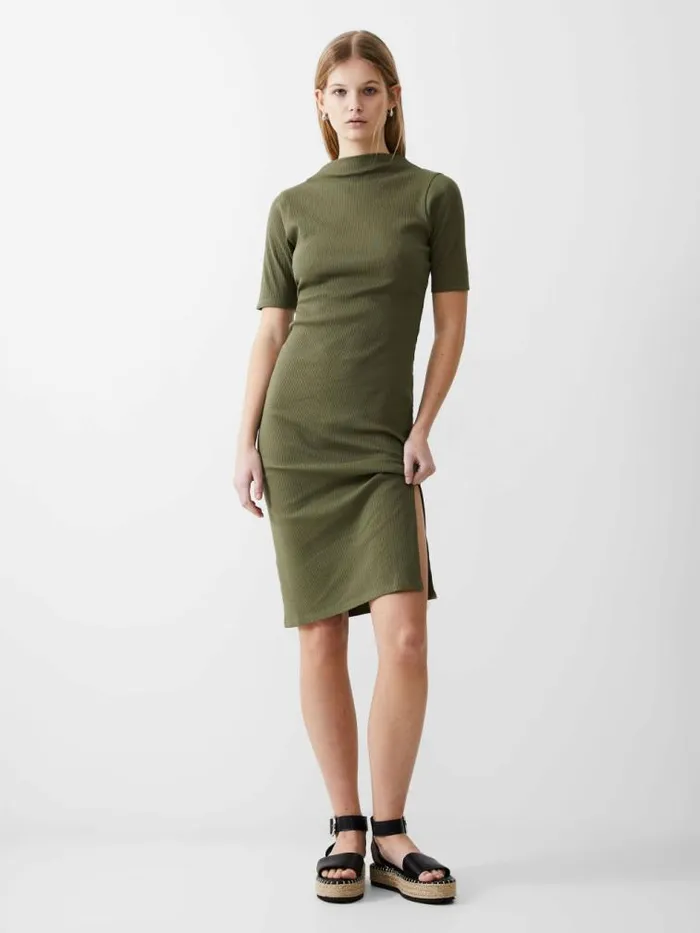 French Connection Rib Turtle Neck Dress Khaki Women Dresses