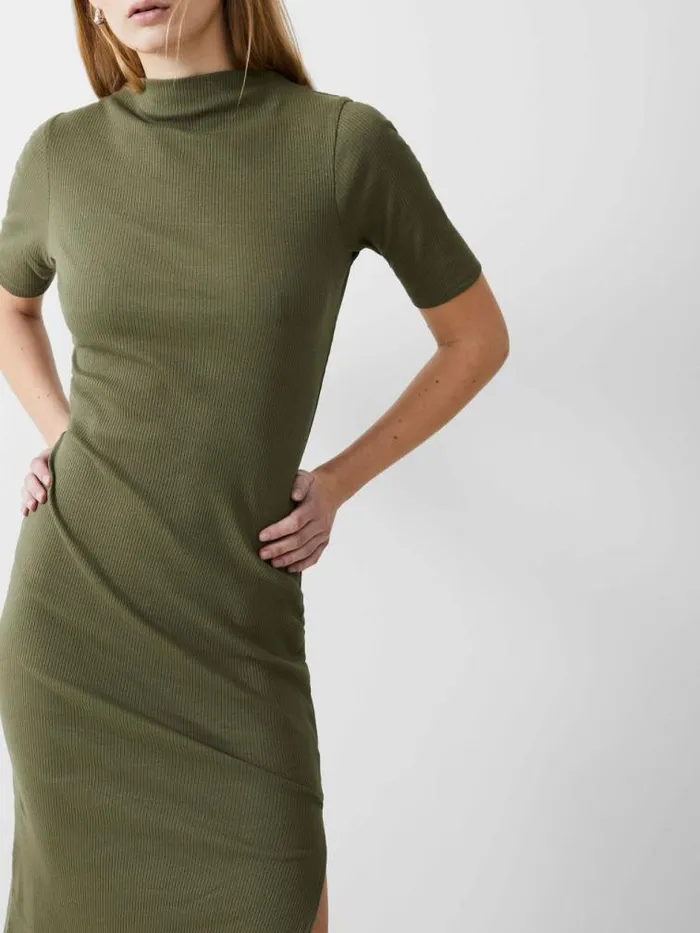 French Connection Rib Turtle Neck Dress Khaki Women Dresses