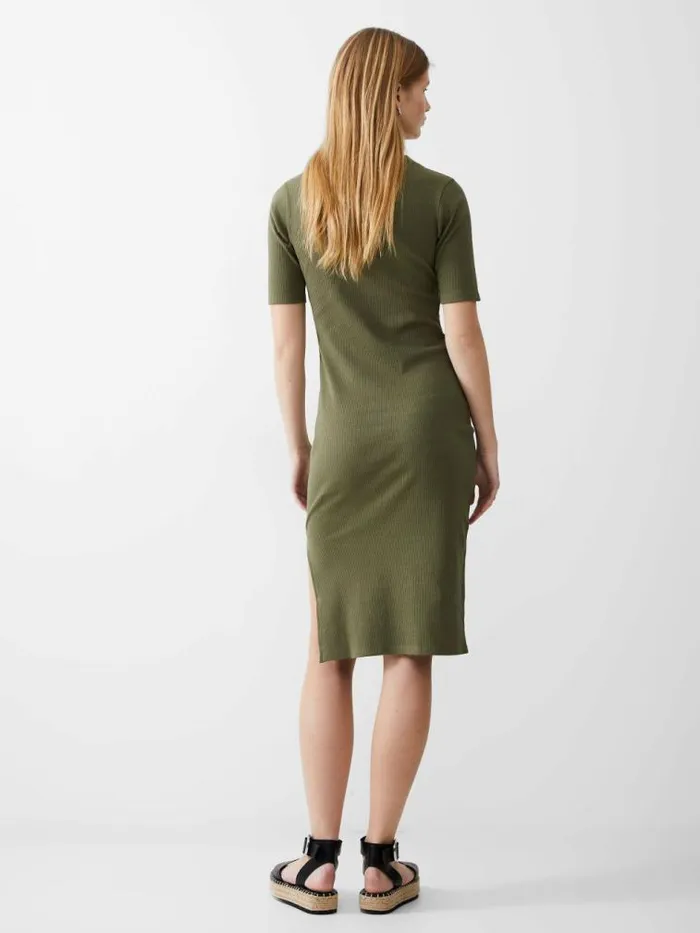 French Connection Rib Turtle Neck Dress Khaki Women Dresses