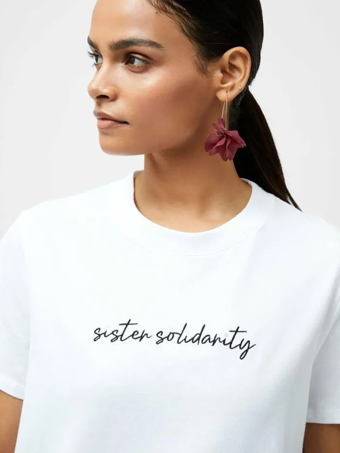 French Connection Sister Solidarity Embroidered Graphic TShirt Linen White Women Tops French Connection Sister Solidarity Embroidered Graphic TShirt Linen White Women Tops