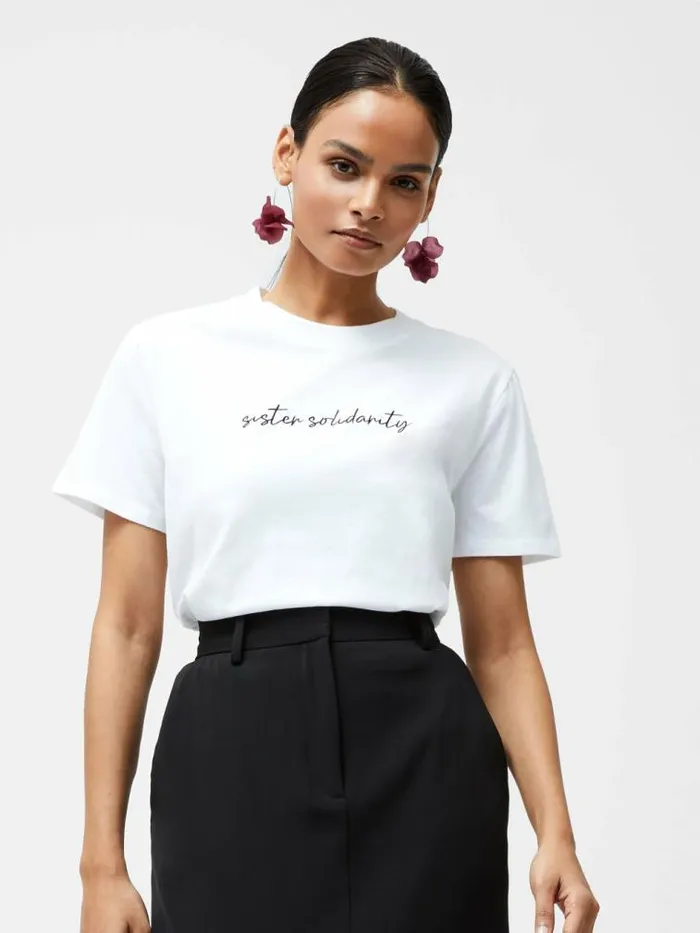 French Connection Sister Solidarity Embroidered Graphic TShirt Linen White Women Tops